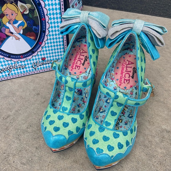 Irregular Choice Teal and Blue Heart Heels Alice in Wonderland - Picture 5 of 6